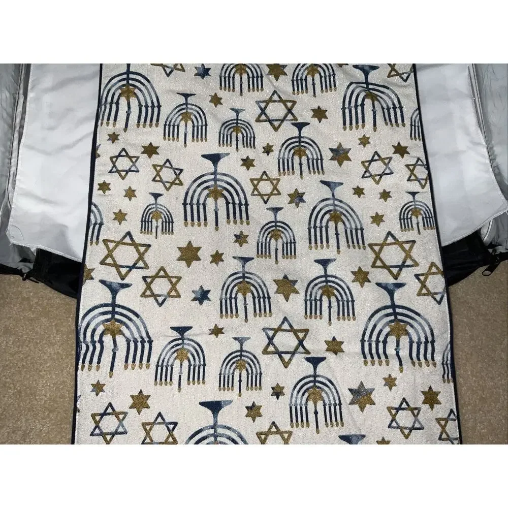 NEW HANUKKAH TABLE RUNNER 16x72” STAR OF DAVID MENORAH GOLD BLUE METALLIC